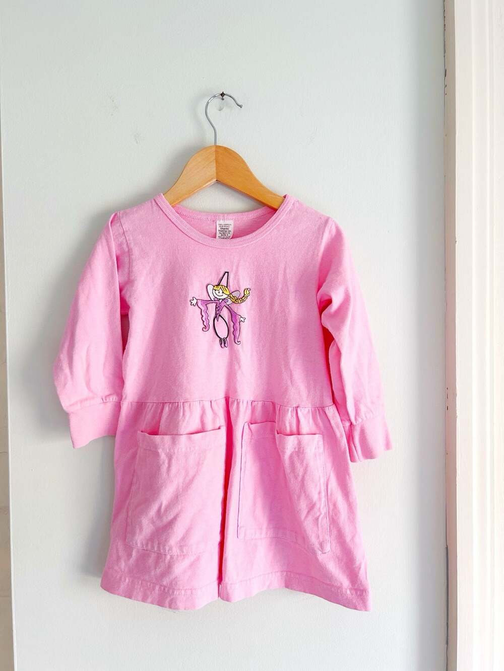 Y2K Dharma Trading Co. Vintage Pink Long Sleeve Fairy Embroidered Pocket Dress